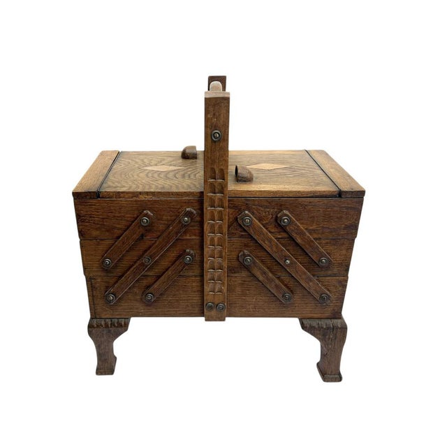 Wood Arts & Crafts Style Oak Expanding Sewing Box, 1950s For Sale - Image 7 of 8