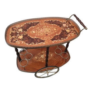 Vintage Italian Floral Patterned Marquetry Bouillotte-Style Bar Cart For Sale