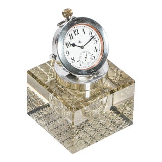 Impressive Large English Antique Crystal Sterling Silver Paperweight Desk Inkwell Goliath Clock For Sale