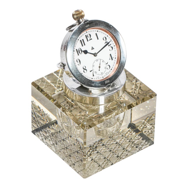Impressive Large English Antique Crystal Sterling Silver Paperweight Desk Inkwell Goliath Clock For Sale