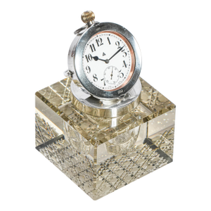 Impressive Large English Antique Crystal Sterling Silver Paperweight Desk Inkwell Goliath Clock