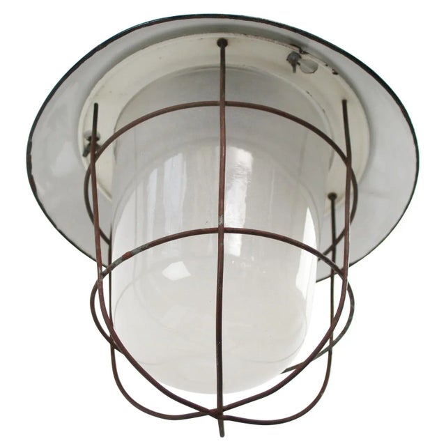 Industrial Vintage Industrial Black Enamel & Frosted Glass Pendant Light For Sale - Image 3 of 5