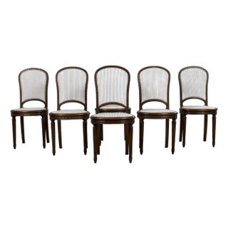 Antique French Louis XVI Style Walnut Dining Chairs in Blue Linen Stripe - Set of 6 For Sale