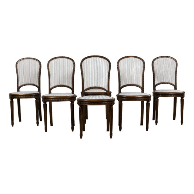 Antique French Louis XVI Style Walnut Dining Chairs in Blue Linen Stripe - Set of 6 For Sale