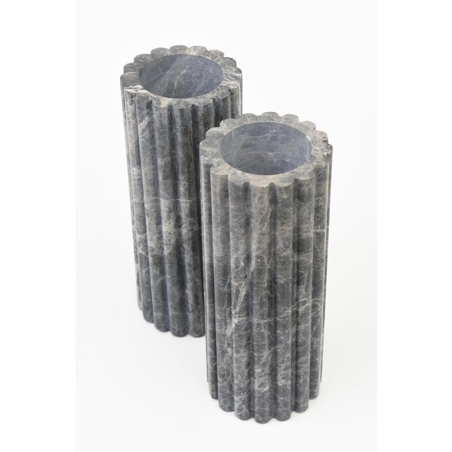 Ralph Lauren Marble Ribbed Column Vases in Gray and White Veining Pair Of, Italy For Sale - Image 4 of 6