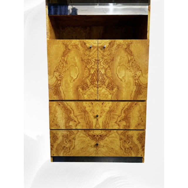 Mid-Century Modern Genuine Burl Wood Mid-Century Matchbook Milo Baughman Glass Modern Cabinets For Sale - Image 3 of 9