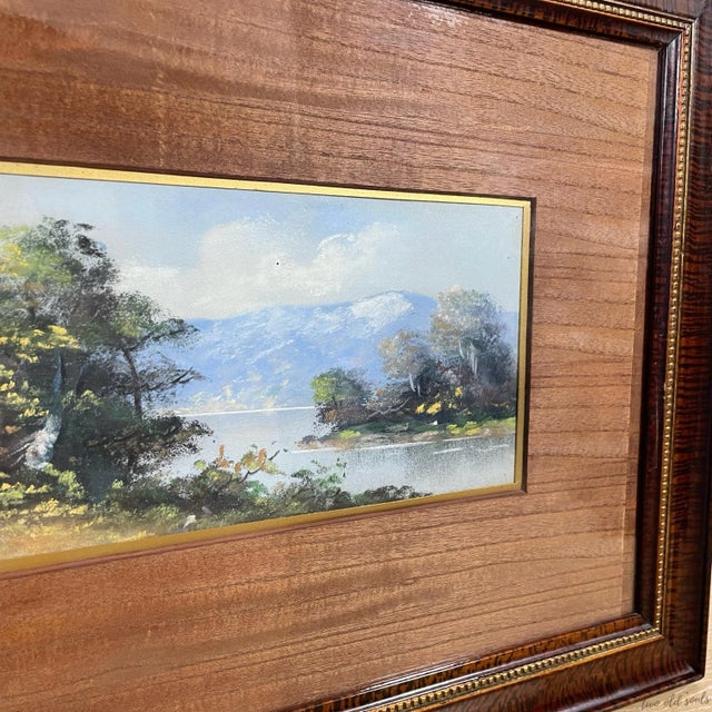 Beautiful Vintage Pastel Original Artwork of a serene tree lined riverside landscape with a mountain in the foreground....
