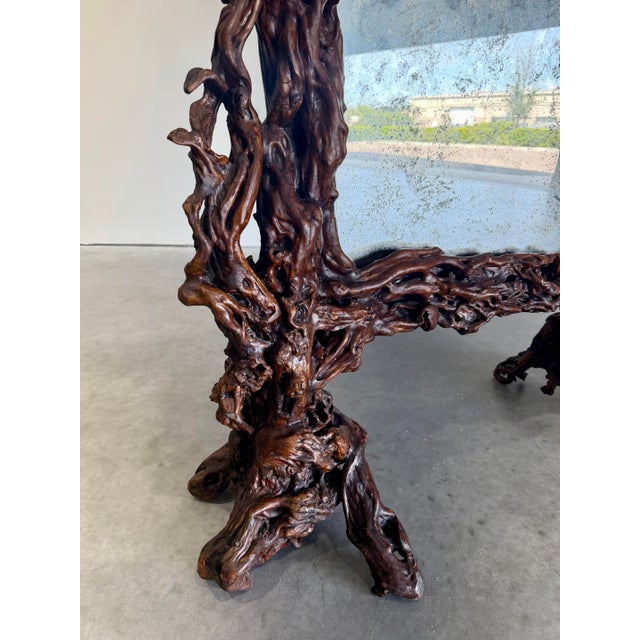 Wood Vintage Freestanding Floor Mirror in Sculpted Tree Root Burl Frame With Stool For Sale - Image 7 of 12