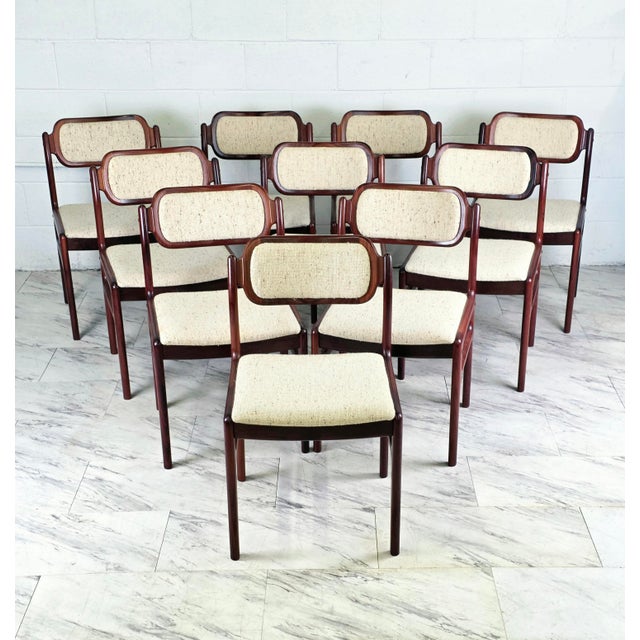 Beautiful Set of 10 Rosewood Dining Chairs By Johannes Andersen For D-Scan. Retains Original Tags & Upholstery. Gorgeous...