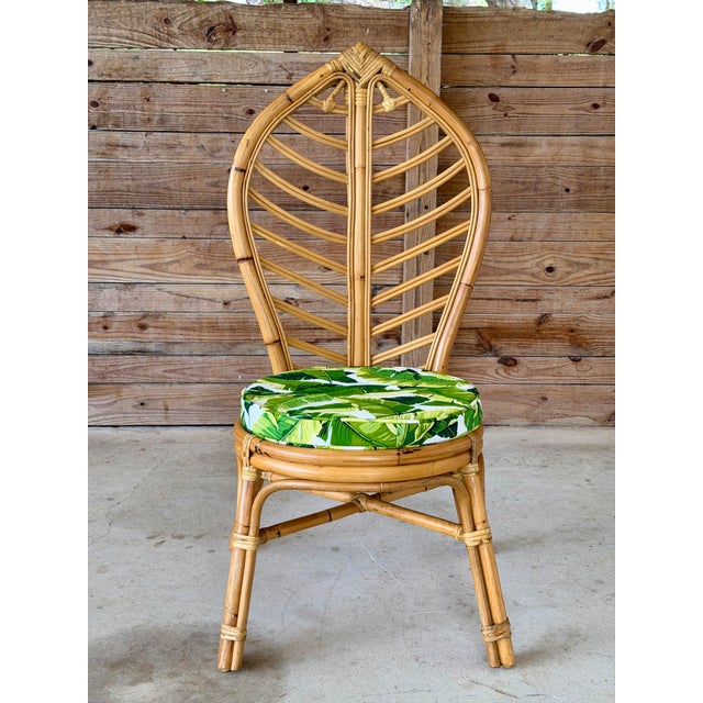 Vintage Coastal Boho Rattan Leaf Back Side Chair With Custom Tropical Cushion For Sale - Image 10 of 12