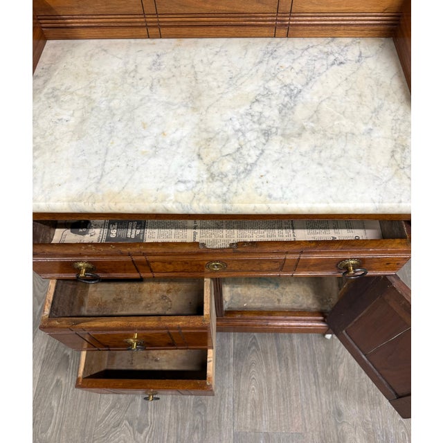 Antique Victorian Eastlake Style Walnut Marble Top Cabinet Commode Washstand For Sale - Image 9 of 12