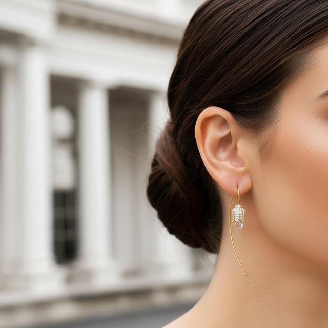 Silver, Gold Lily Flower Earrings With Rock Crystal Briolettes, Pair For Sale - Image 6 of 8