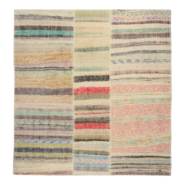 Rug & Kilim’s Patchwork Kilim Square Rug in Polychromatic Stripes For Sale