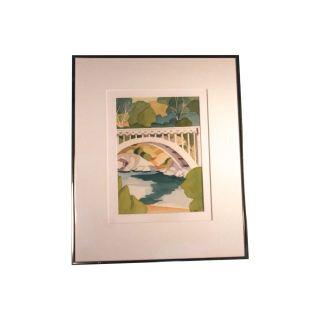 Green & White Bridge Watercolor Painting For Sale