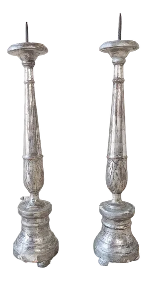 18th Century Carved Wood and Silver Plated Church Candlesticks, Set of 2