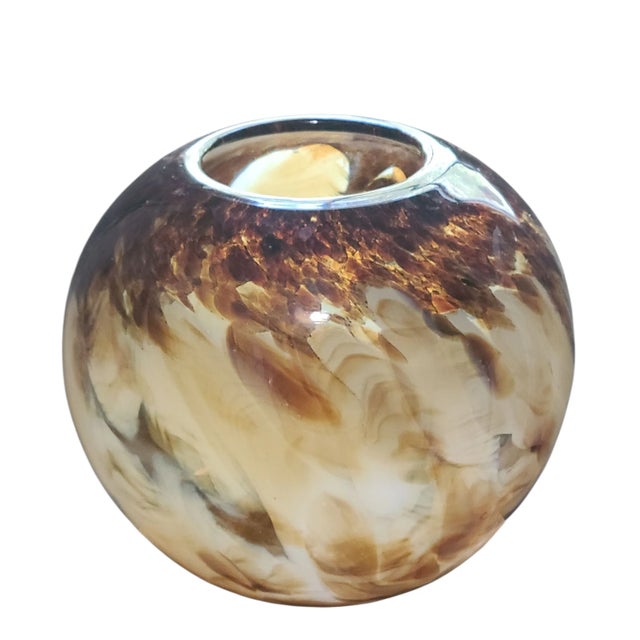 Tan Vintage Italian Hand Blown Art Glass Amber Tan Brown Color Rose Bowl Vase For Sale - Image 8 of 8