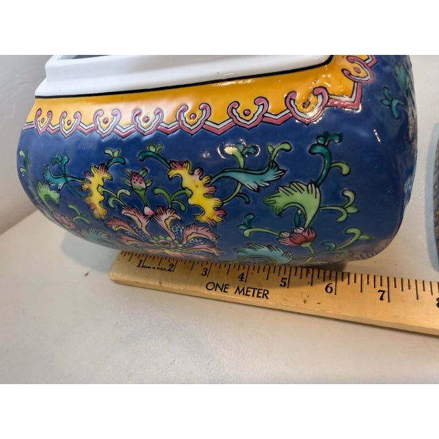 Blue Vintage Twisted Lotus Cloisonné Style Asian Décor Bright Colors Floral Design For Sale - Image 8 of 12