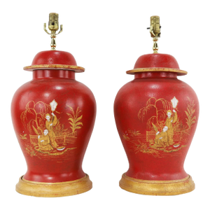 Vintage Red and Gold Chinoiserie Hand-Painted Landscape Temple Jar Table Lamp