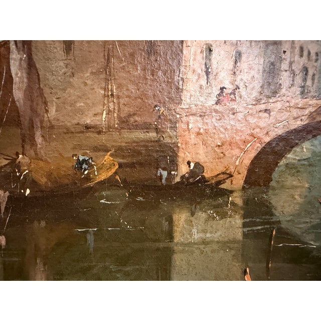 Antique Venetian Canal Scene Oil Painting Gondolas Bridge Italian Landscape For Sale - Image 4 of 8