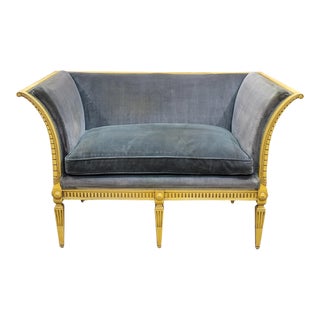 Antique French Neoclassical Green Velvet Settee Loveseat For Sale