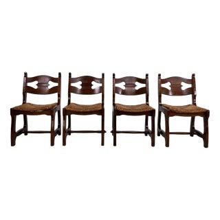 Dining Chairs in Wood and Braided Straw attributed to Guillerme et Chambron for Votre Maison, 1950s, Set of 4 For Sale