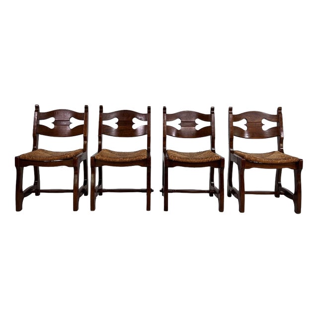Dining Chairs in Wood and Braided Straw attributed to Guillerme et Chambron for Votre Maison, 1950s, Set of 4 For Sale