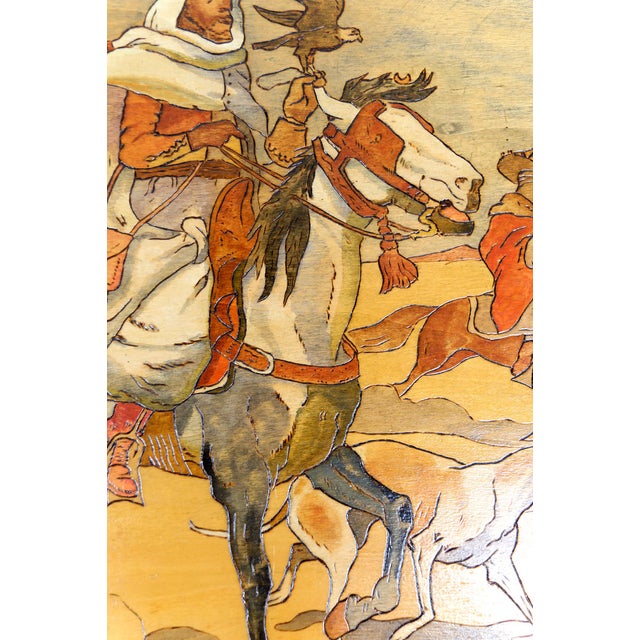 Boho Chic Pyrography Panel with Arab Horseriders Hunting with Falcons and Greyhounds, France, 1900s For Sale - Image 3 of 11
