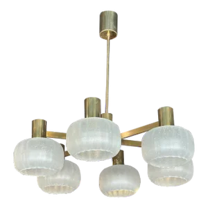 Vintage 1960s Brass & Blown Glass 6 Light Chandelier Hans-Agne Jakobsson Style