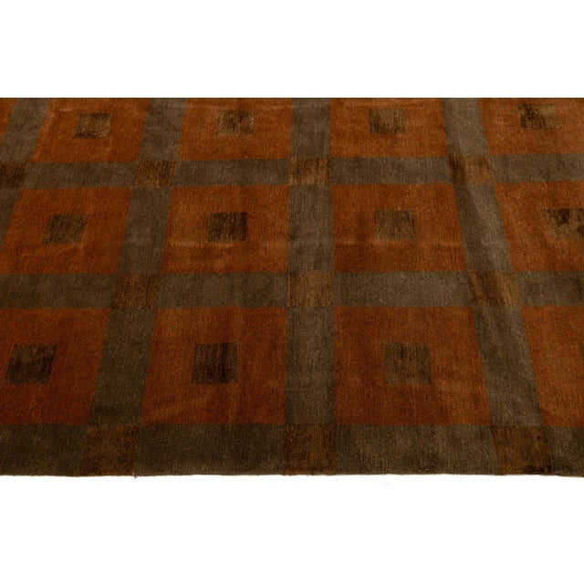 Modern Tibetan Hand-Knotted Wool and Silk Geometric Grid Rug in Burnt Orange For Sale - Image 9 of 10