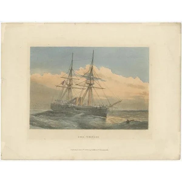 Set of two antique prints of HMS ships titled 'H.M.S. Orontes' and 'H.M.S. Temeraire'. Published by Griffin & Co, 1880.