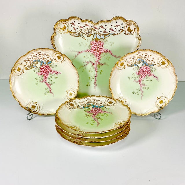 Victorian Late 1900s Antique French Victorian Hollywood Regency Limoges Pink Wisteria Dessert Plates and Platter - Set of 7 For Sale - Image 3 of 12
