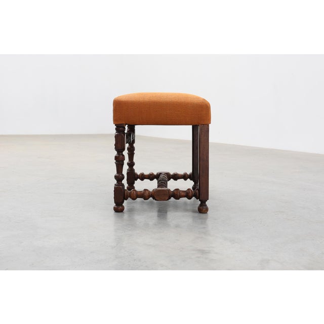 17th Century Louis XIII Walnut Stool with Carved Turned Stretchers and Upholstered Seat, France, 1600s For Sale - Image 5 of 12