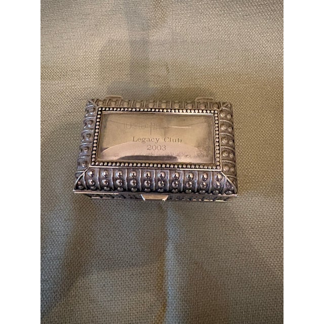 Modern Silver Plated Decorative Jewelry Box With Felt Interior and Engraved Usd Hs - Legacy Club - 2003 For Sale - Image 3 of 7