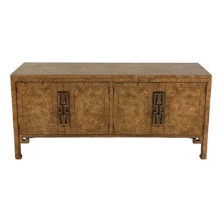 Burled Wood and Inlaid Brass Console From Mastercraft For Sale