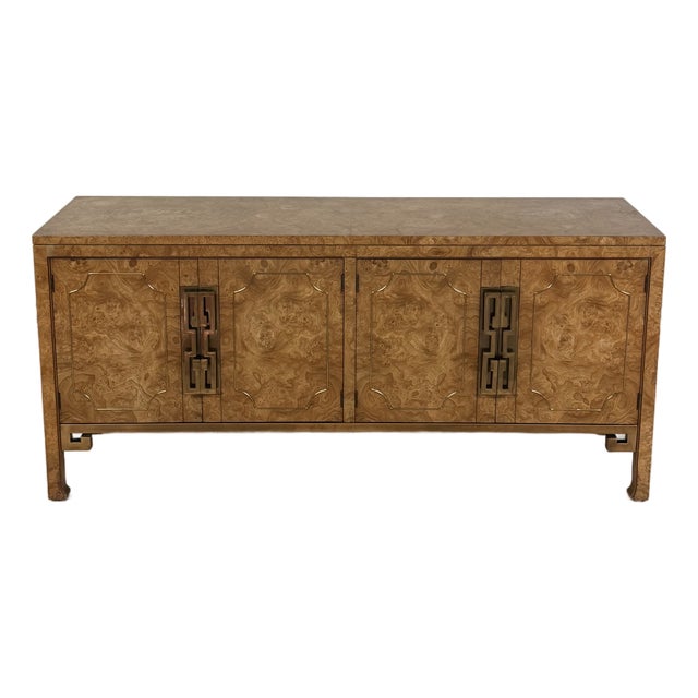 Burled Wood and Inlaid Brass Console From Mastercraft For Sale