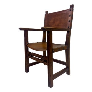 Vintage Spanish Walnut and Leather Armchair, 1950s For Sale