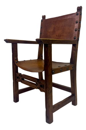 Vintage Spanish Walnut and Leather Armchair, 1950s