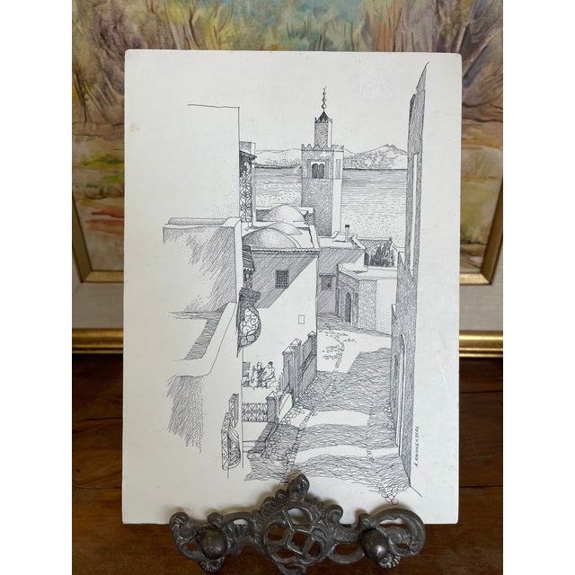 Vintage 1971 Tunis Tunisia Architectural Ink Drawing by K. Winnenberg, Street Scene Artwork For Sale - Image 4 of 9
