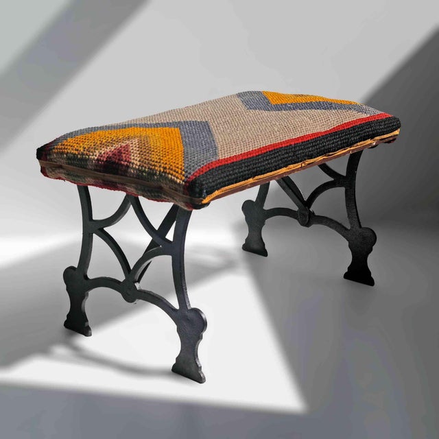 Traditional Mid 20th Century Iron Bench With Wool Geometric Design Upholstered Seat For Sale - Image 3 of 6