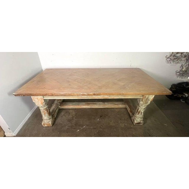 Rustic Rustic Painted Dining Table W/ Herringbone Pattern Top For Sale - Image 3 of 16