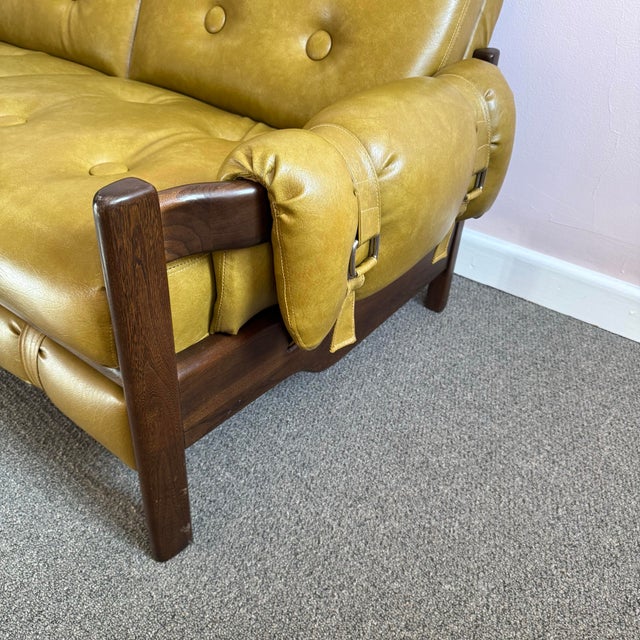 1970s Vintage Olive Colored Vinyl and Walnut Three Seater Sofa For Sale - Image 5 of 12