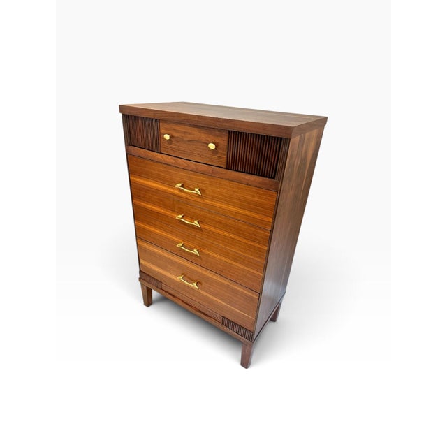 Elevate your space with this exquisite, professionally restored Mid-Century Modern 5-drawer tallboy dresser. Crafted in...