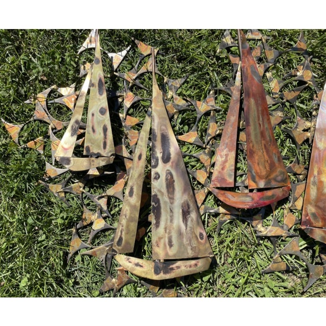 Brutalist Vintage MCM Marc Creates Brutalist Metal Sailboat Wall Sculpture 32" Long For Sale - Image 3 of 6