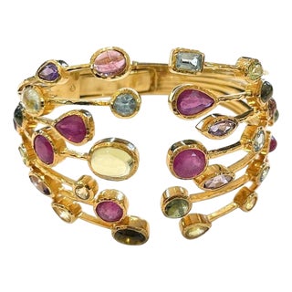 Bochic “Capri” Ruby & Multi Natural Gem Cuff Set In 18K Gold & Silver For Sale