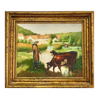 Late 20th Century Realist Oil Painting, Shepherdess With Herd of Cows, Framed, 32"w For Sale