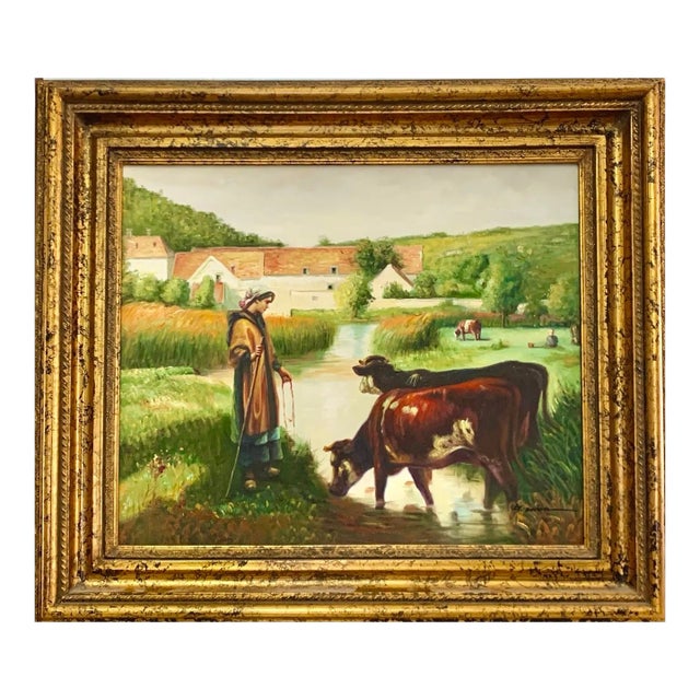 Late 20th Century Realist Oil Painting, Shepherdess With Herd of Cows, Framed, 32"w For Sale