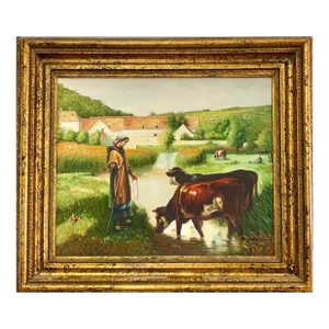 Late 20th Century Vintage Large Painting Shepherdess With Herd of Cows Oil on Canvas, Framed