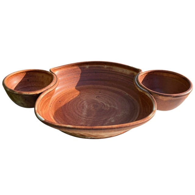 Handcrafted signed studio pottery chip and dip serving platter with a wonderfully organic, sculptural form. The large...
