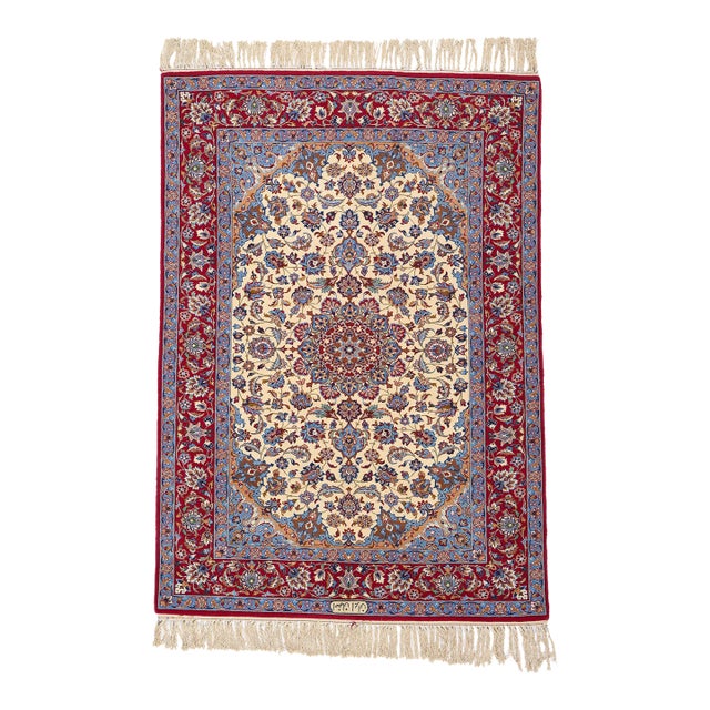 Signed Vintage Persian Isfahan Rug - 03'08 X 05'02 For Sale