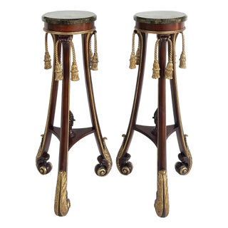 Mahogany Giltwood Pedestals With Carved Tassels & Tesselated Stone Tops, a Pair For Sale